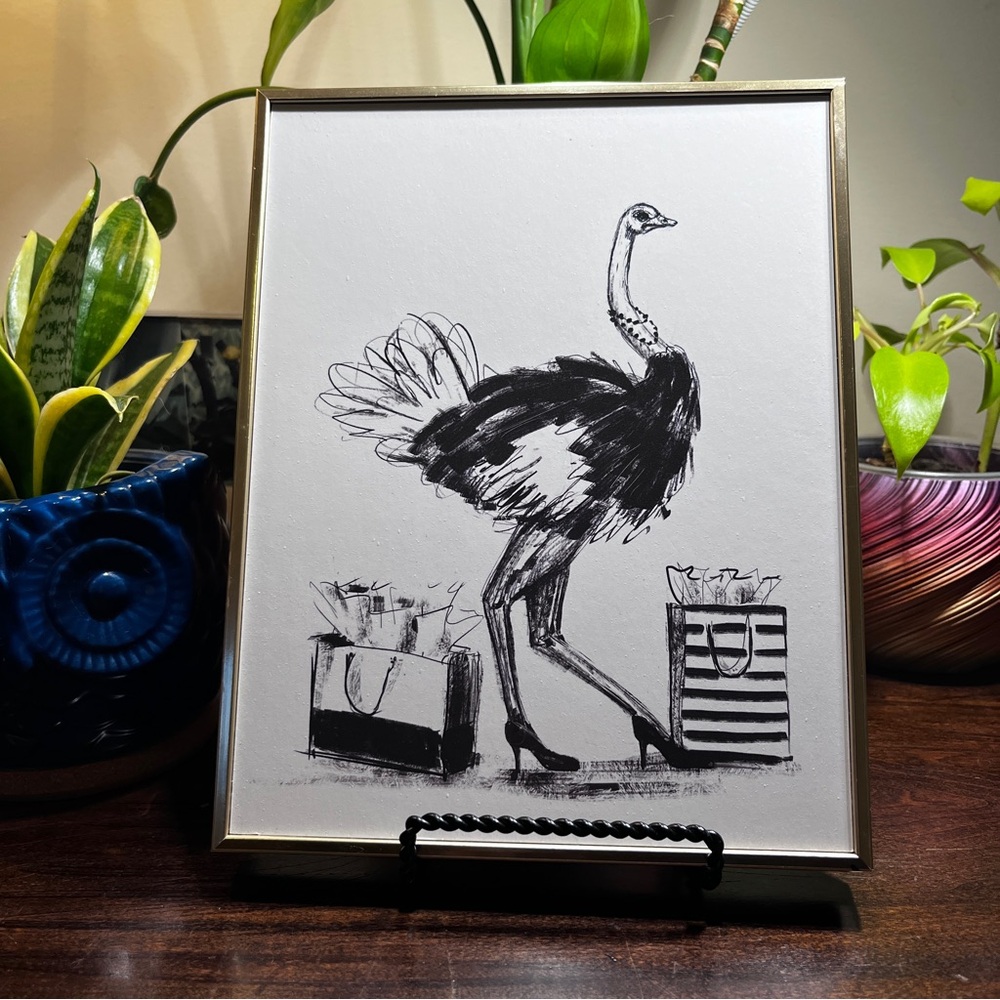 Elegant Ostrich Sketch Print Gold Frame